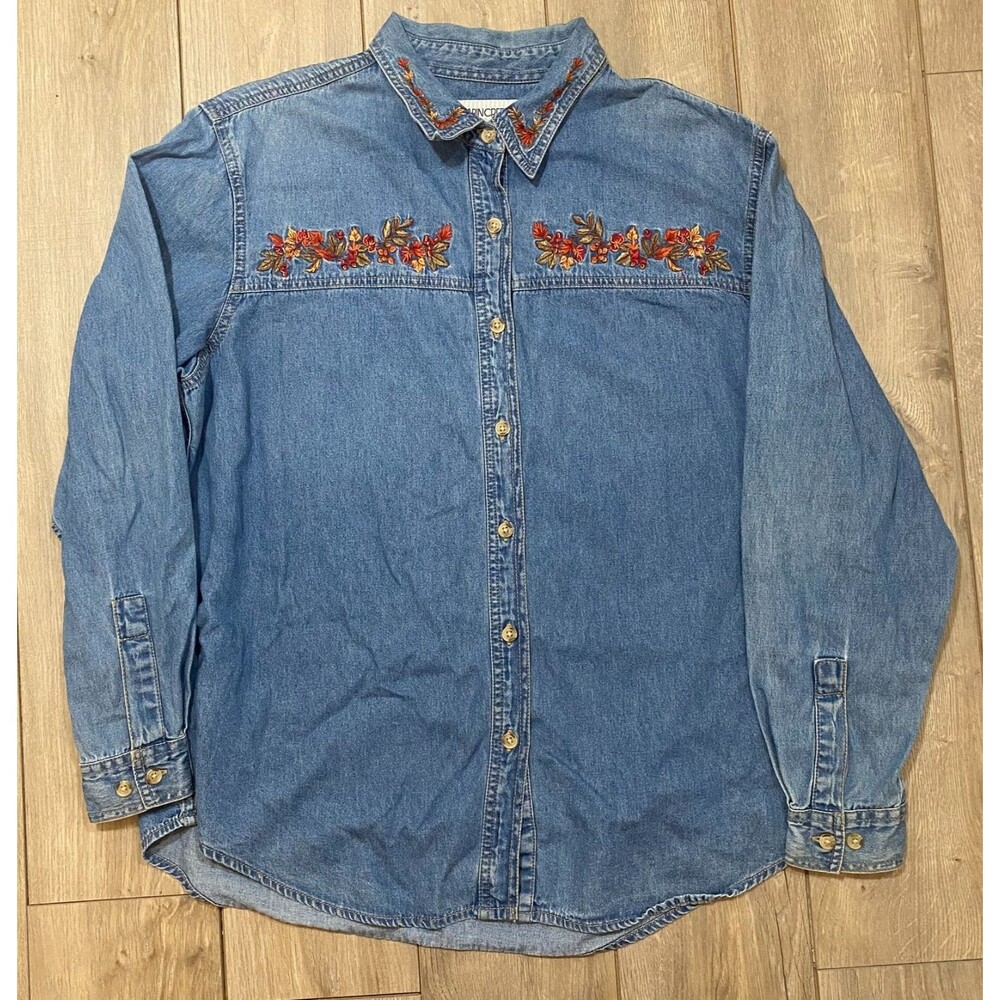 Cabin Creek Women Denim Floral Embroidered Long Sleeve Shirt Size XL 100% Cotton